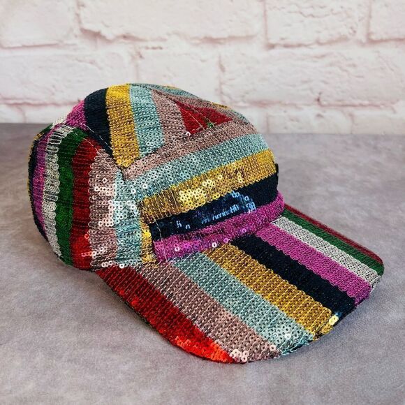 Maison Michel Paris Stripe Rainbow Colorful Nell Sequin Hat Baseball Cap M - Picture 2 of 11